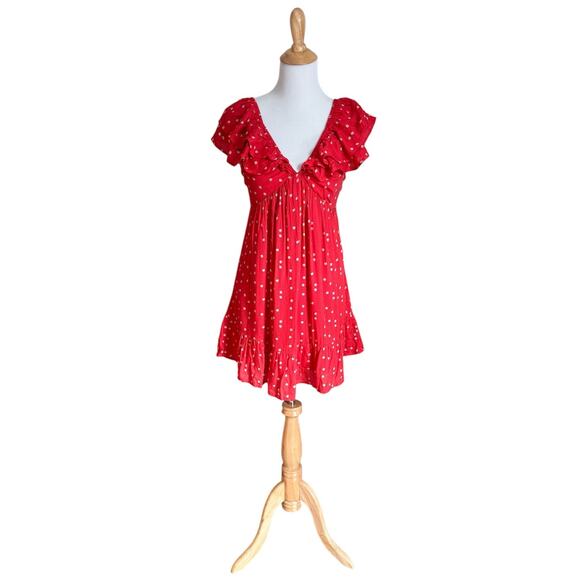 Lulus Red Mini Dress Floral Print V Neck Ruffle Flutter Date Night Out CD888L - Picture 1 of 6